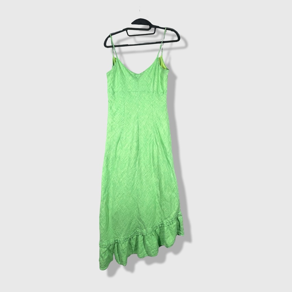 Banana Republic Linen Midi Dress Womens 12 Green Asymmetrical Ruffle Summer Boho - Picture 4 of 8